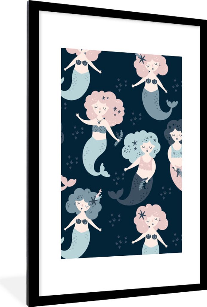 MuchoWow MuchoWow Gerahmtes Poster Meerjungfrau - Schnittmuster - Kind - Mädchen - Baby - Kinder 60x90 cm - Poster mit zchwarzem Bilderrahmen ...