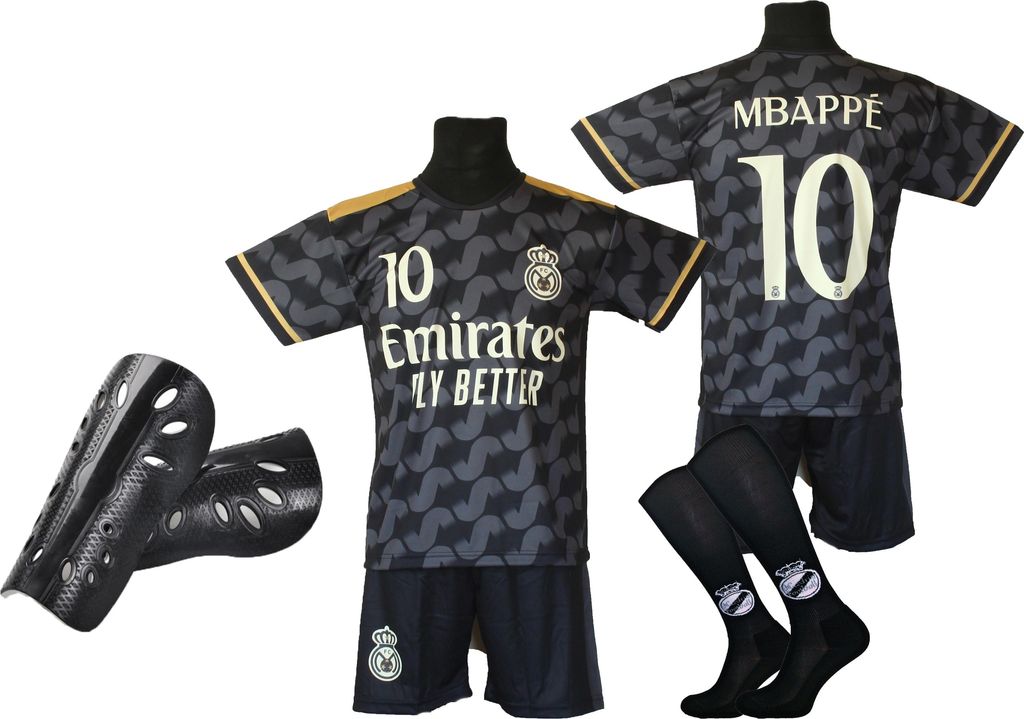 MBAPPE Fußball-Set, schwarzes T-Shirt, Shorts, Socken + Schienbeinschoner 152