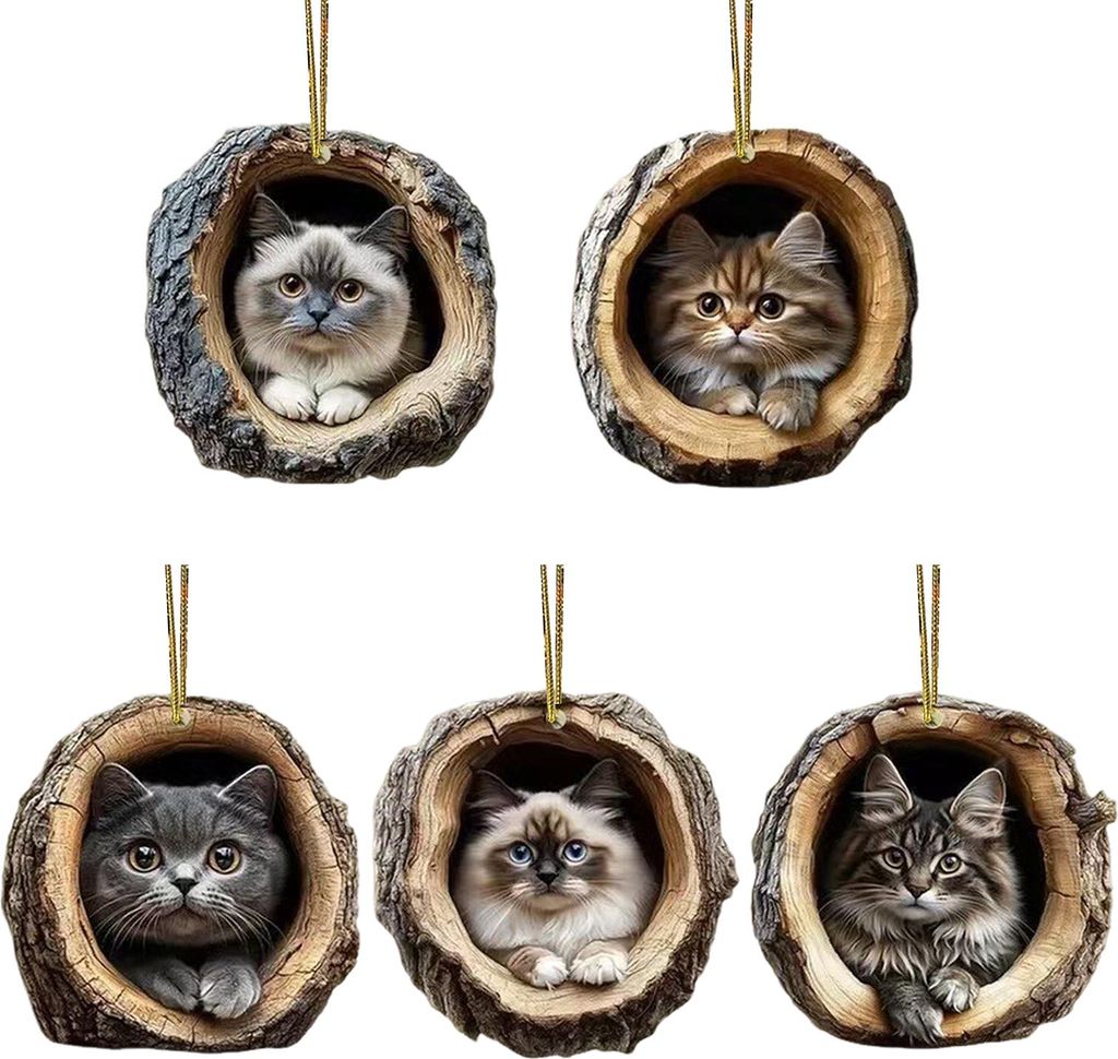 2D-Katzen-Dekoration aus Acryl, hängend, im Baumloch, Weihnachtsbaumschmuck, Geschenk für Katzenliebhaber, festliche Dekoration