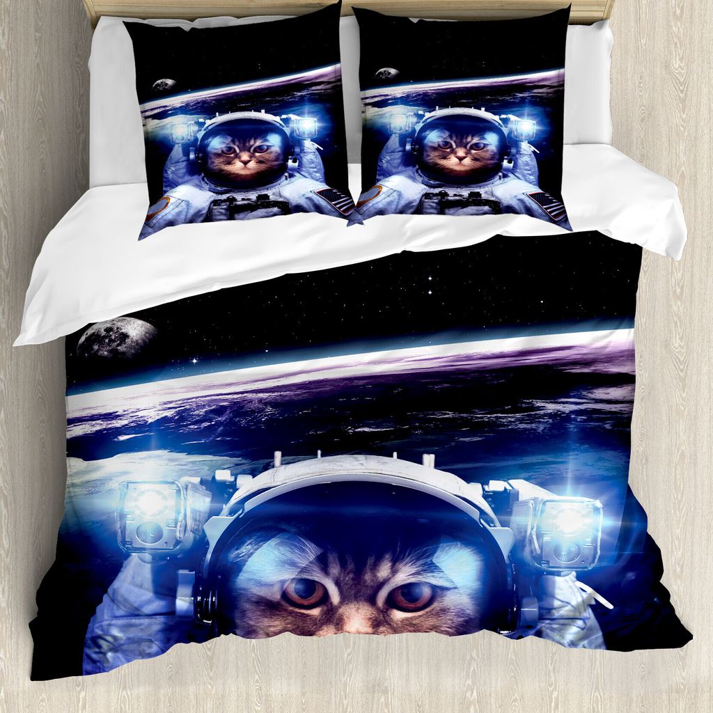 ABAKUHAUS Katze Bettbezug, Lustige Astronaut Katzen-Stimmung, Milbensicher Allergiker geeignet mit Kissenbezügen, 200 cm x 200 cm - 80 x 80 cm, Bl...
