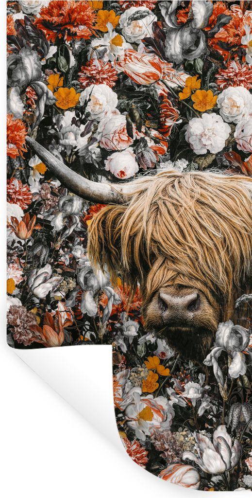 MuchoWow Wandtattoo Wandsticker Wandaufkleber Schottischer Highlander - Blumen - Orange 20x40 cm Selbstklebend und Repositionierbar - Selbstklebe...