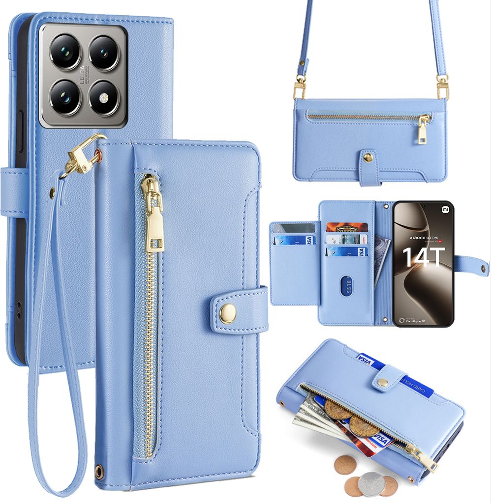 Handykette für Xiaomi 14T Pro – Kunstleder Hülle mit Band, Kartenfächer & Umhängetasche Hellblau