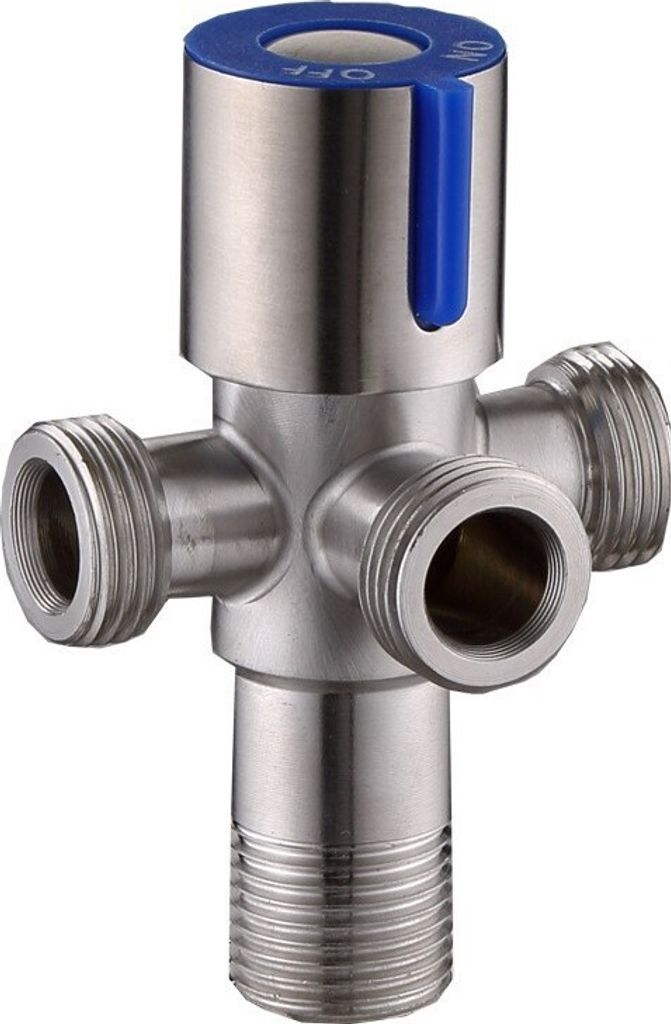 A 3-way angle valve made of stainless steel.