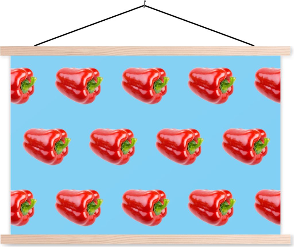 MuchoWow Textilposter Paprika - Gemüse - Muster - Blau 120x80 cm mit holzfarbenen Rahmen - Aufhängeset