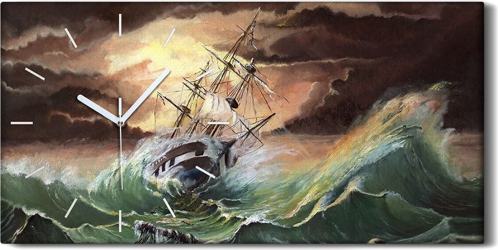 Wanduhr Uhr Wandbild Leinwand 60x30 Gemälde Boot Schiff Ozean Sturm Wellen - weiße Hände
