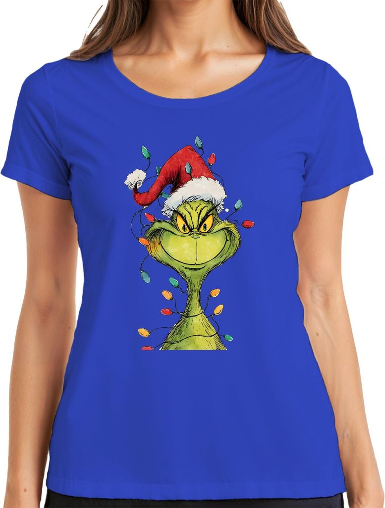 Grinch böser Grinser Lichterkette Weihnachten Geschenk retro Damen T-Shirt, Blau, XL