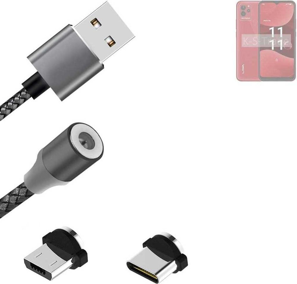 K-S-Trade Hochwertiges Magnet-Lade-kabel Sync-Kabel Daten-Kabel für Lava Blaze NXT mit USB-Typ-C-Anschluss und Micro-USB-Anschluss 2A bis zu 480mbps