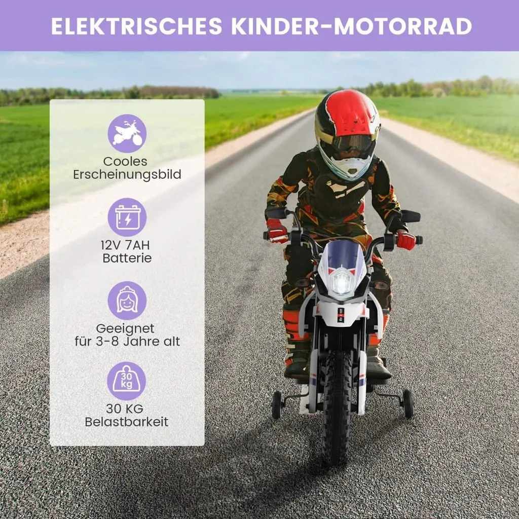 Moto électrique enfant pour jardin et parc avec roues de soutien