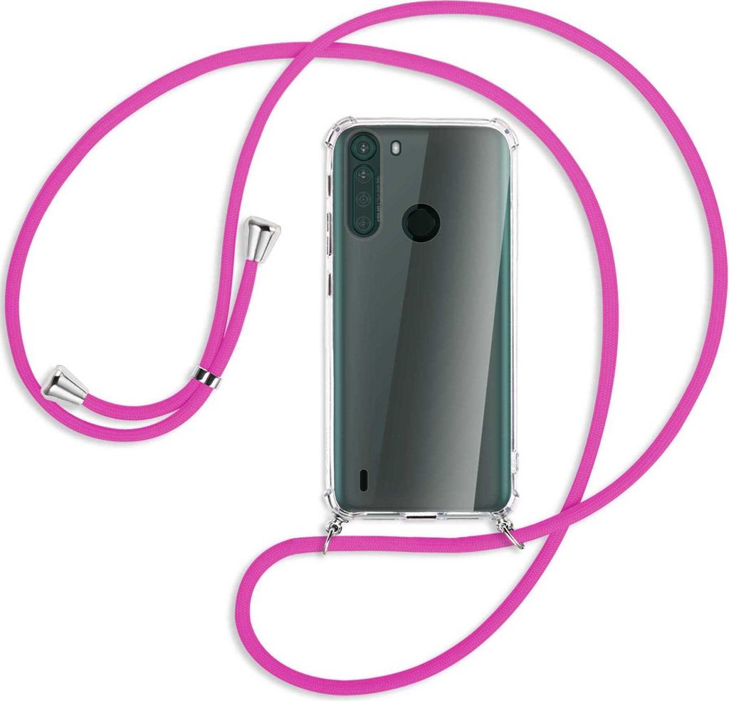 Handykette Backcover-Schutzhülle mit Band (Metall silberfarben) für Motorola One Fusion - hot pink