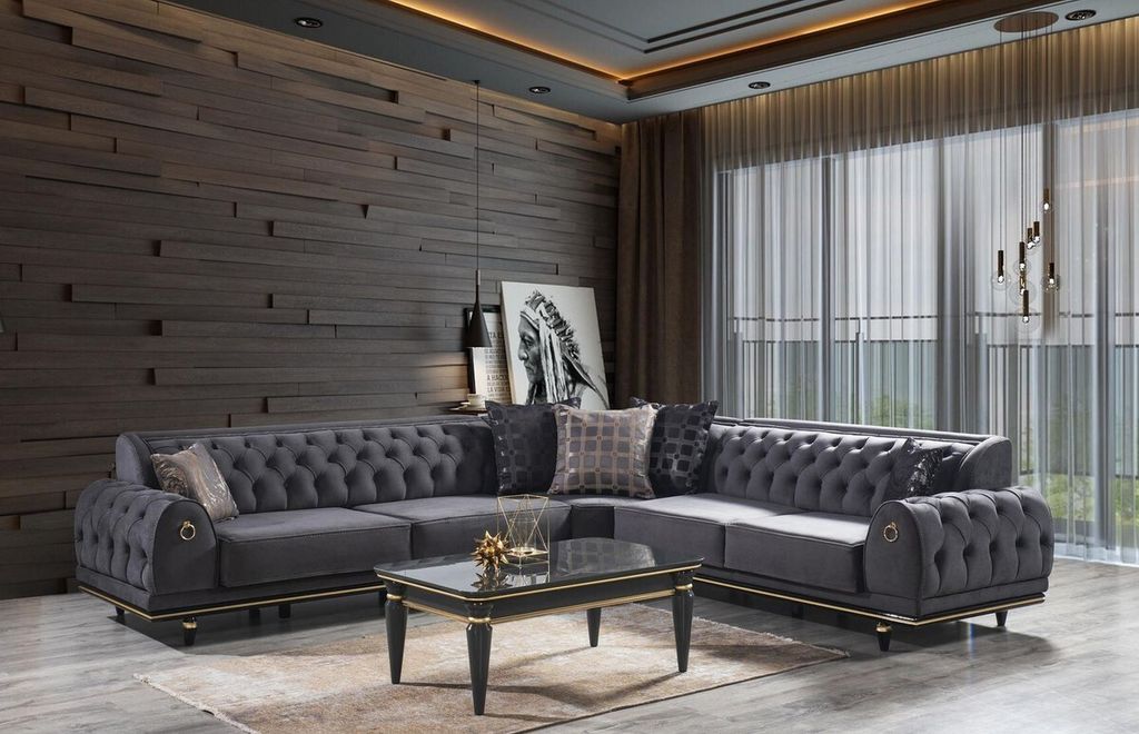 Casa Padrino Luxus Art Deco Chesterfield Wohnzimmer Set Grau / Schwarz / Gold - 1 Ecksofa mit Kissen & 1 Couchtisch - Edle Wohnzimmer Möbel - Luxu...