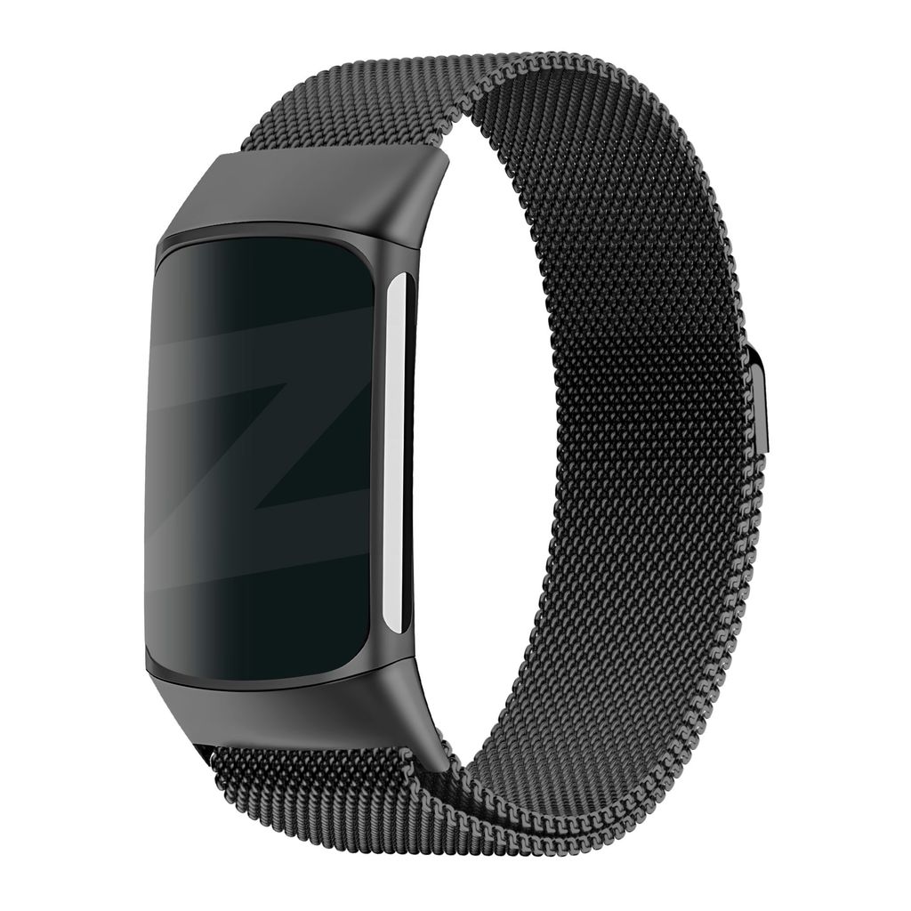 Bandz Milanese Loop Band passend für Fitbit Charge 5 - Milanese Band mit Magnetverschluss - Schwarzes geflochtenes Stahlband