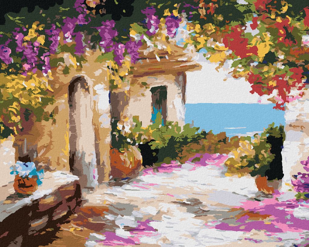 Zuty - Malen nach Zahlen - HAUS AM MEER MIT BLUMEN, 40x50 cm, ohne Keilrahmen