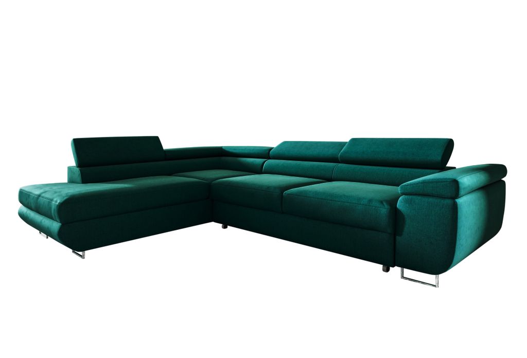 Ecksofa in L-Form AVESTA, L-förmige Eckcouch mit Schlaffunktion, ausziehbares Sofa, 1 Bettzeugbehälter, verstellbare Kopfstützen, (Monolith 37)