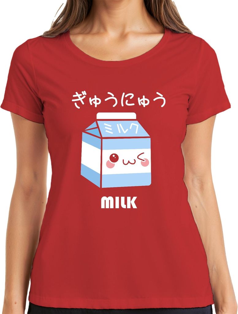 Kawaii Milchpackung süßes Gesicht japanisch ミルク ぎゅうにゅう niedlich Damen T-Shirt, Rot, L
