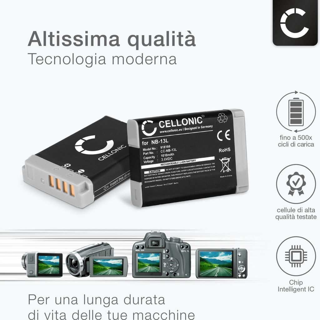 Caricabatterie Veloce CELLONIC CB-2LHE Per Canon NB-13L - Con Display LCD, Per PowerShot G7 X, SX740, G1X Mark III