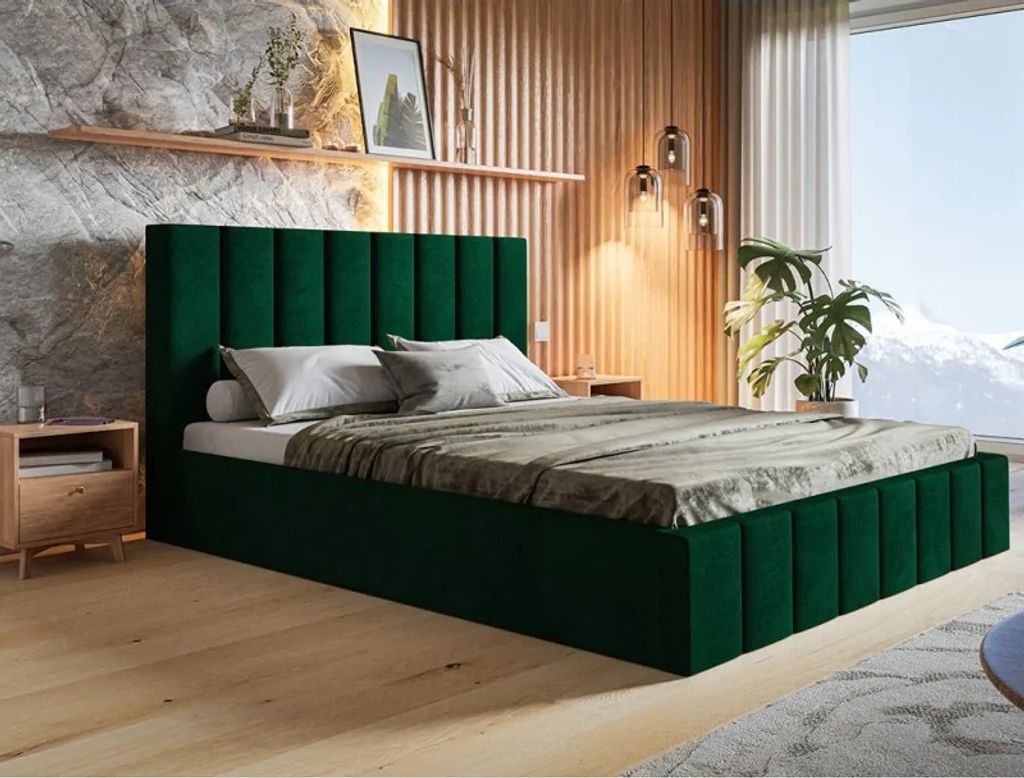 Polsterbett SIM 10 mit Kopfteil, 180x200 cm, Doppelbett mit Bettkasten und Lattenrost aus Holz, Velourstoff, Farbe: Grün