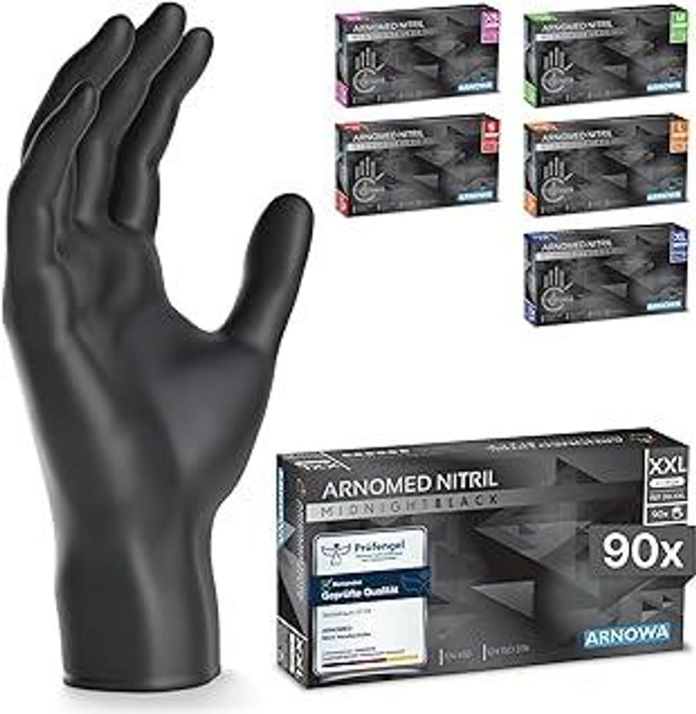 90x ARNOMED Einweghandschuhe Schwarz, Einmalhandschuhe XXL, Nitril Handschuhe Einweg, Nitrilhandschuhe puderfrei, Gummihandschuhe Einweg, Schutzhan...