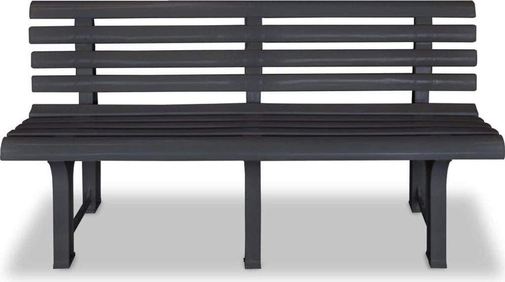 A dark gray garden bench is shown against a white background.