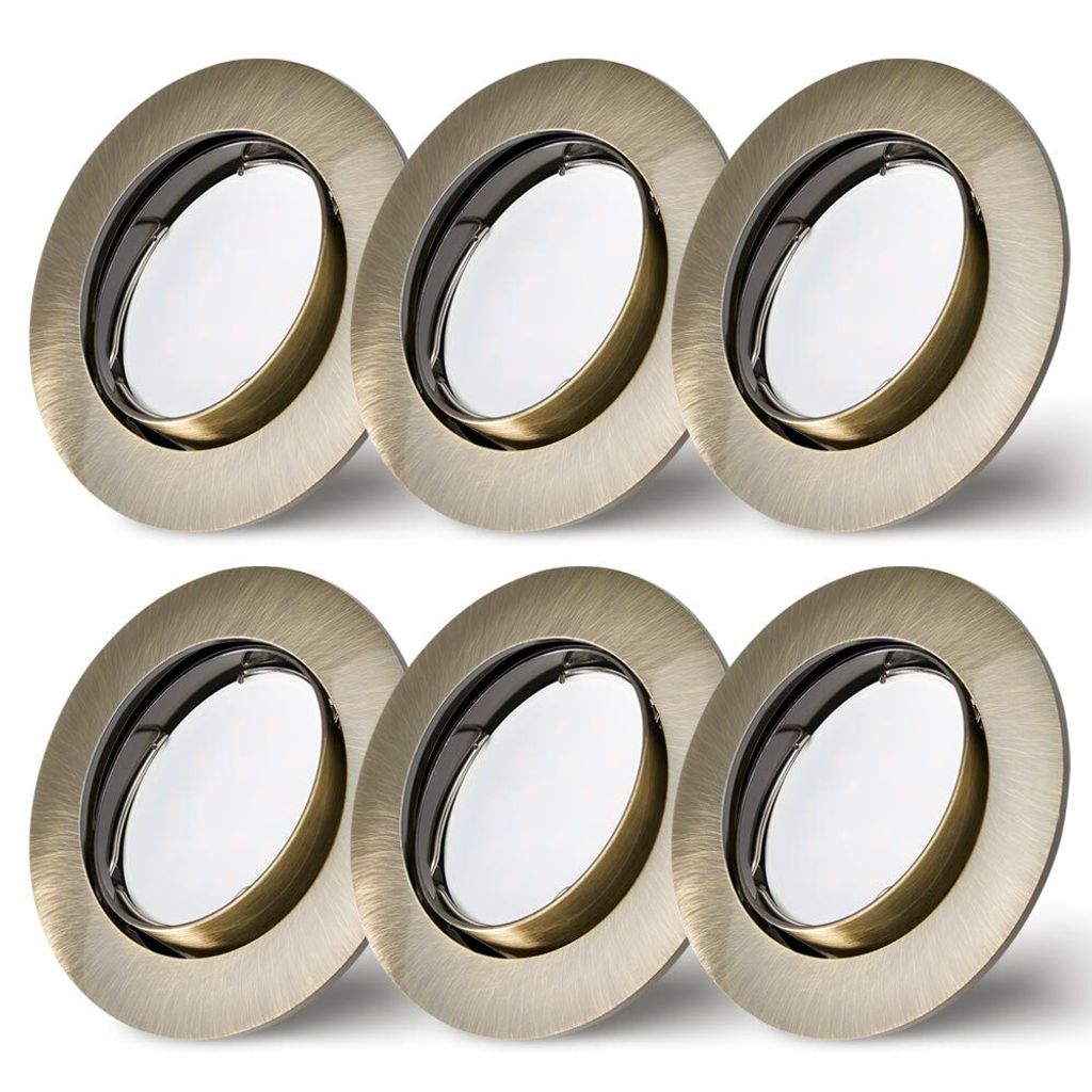 6er Set Einbaustrahler Messing grün gebürstet Ø75mm Lochbohrung mit LED Modul 5 Watt 400 Lumen Warmweiß 2700K ultra flach 30mm schwenkbar