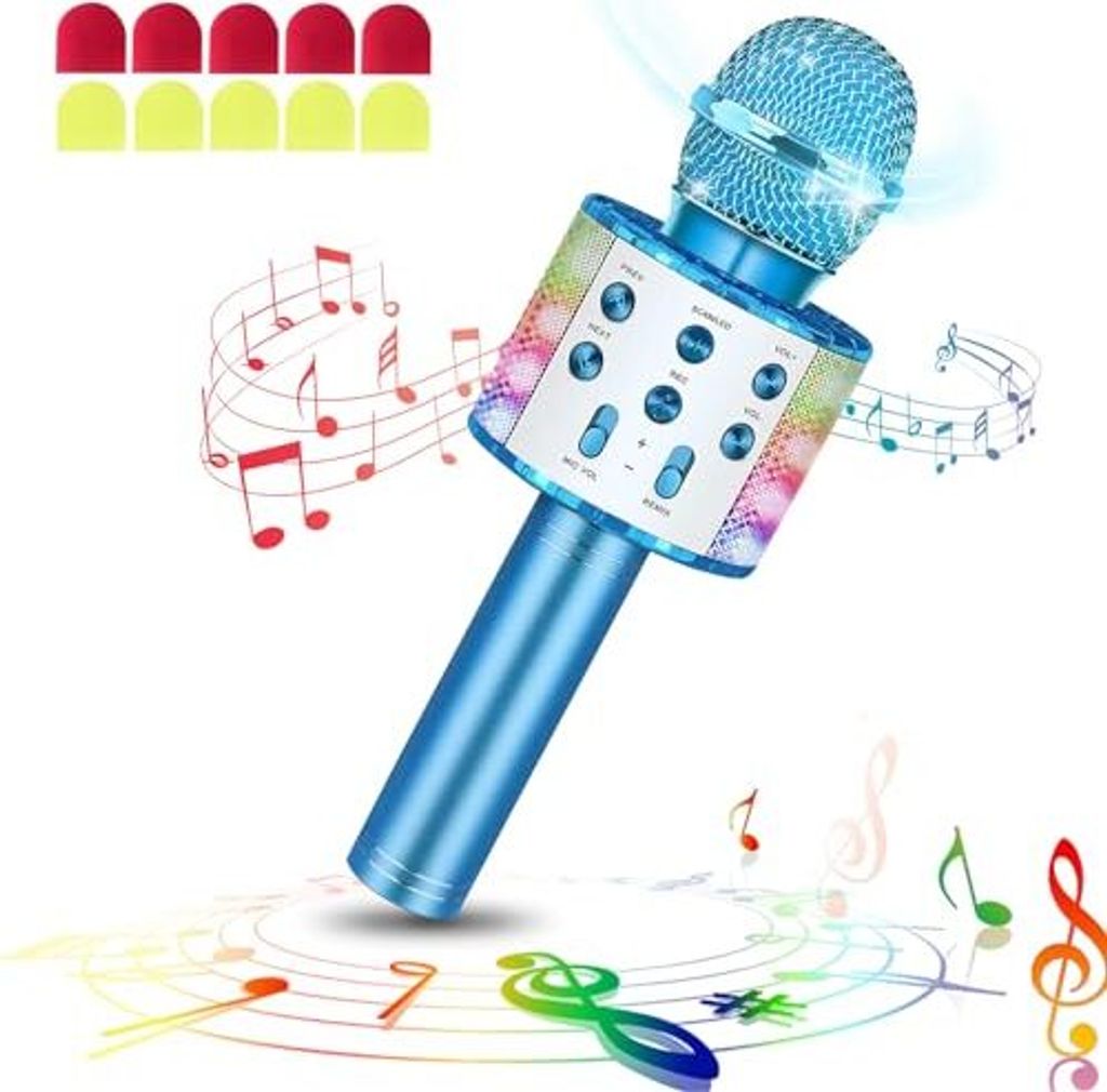 Laqula Wireless Bluetooth -Mikrofon Karaoke LED Leuchten tragbare Handheld singende Lautsprecher Maschine Spielzeuggeschenke Kinder Erwachsene (Blau,