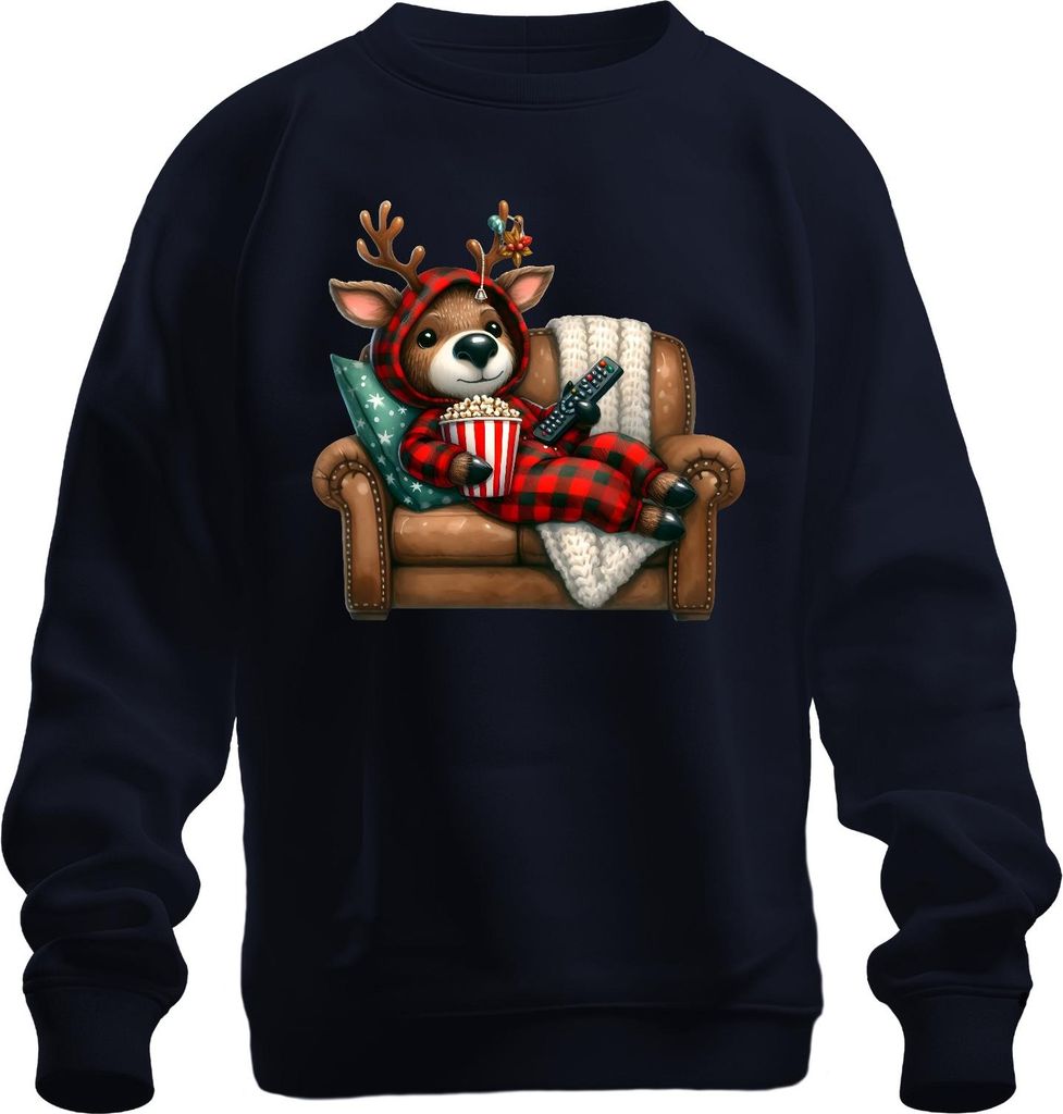 Weihnachtsrentier Kuschelig Popcorn Sofa Filmabend Geschenk Uni Sweatshirt Pullover, Navy, L