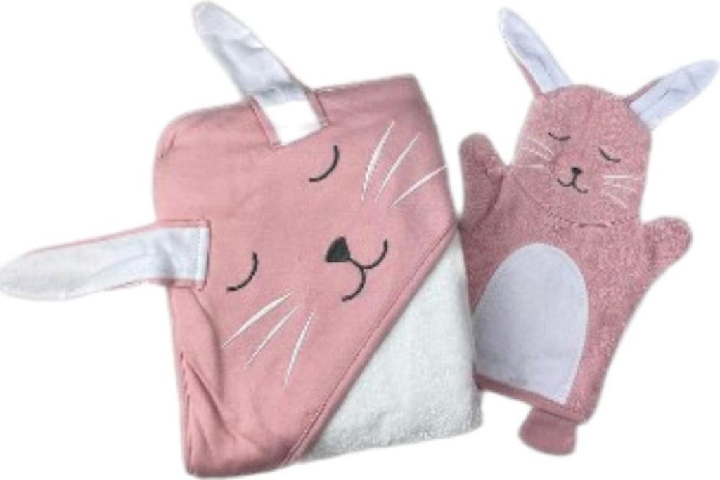 2er Pack Baby Badeset » Kinder Kapuzen Badetuch & Waschhandschuh Frottee » reine Baumwolle » Wasch Handschuh & Handtuch: Hase Motiv: Hase