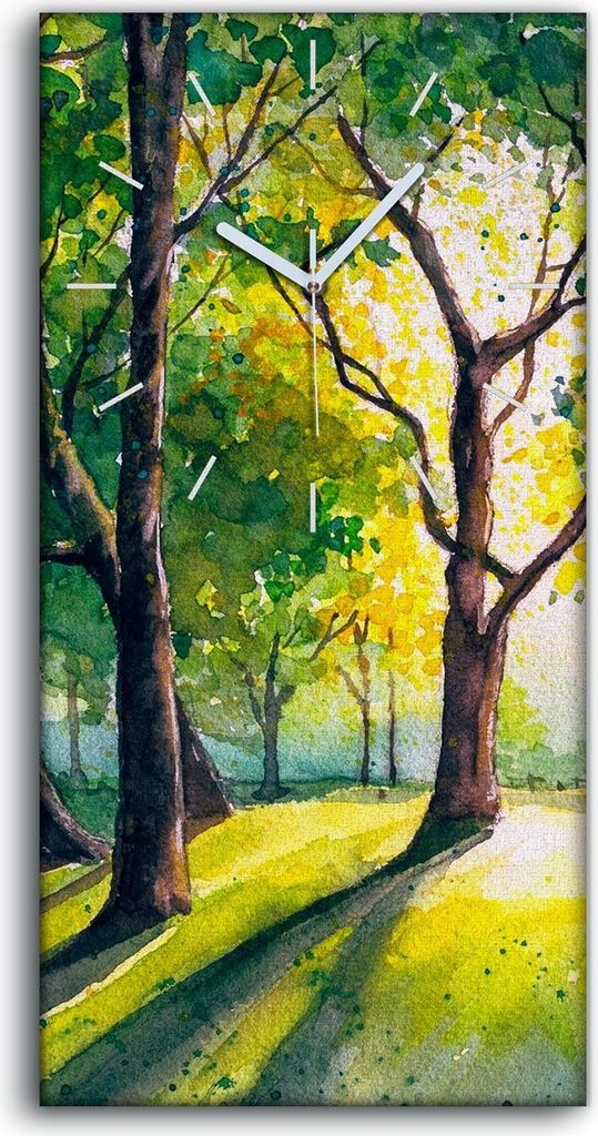 Wanduhr Uhr Wandbild Leinwand 30x60 Malerei Wald Bäume Blätter Sonnen Kunst - weiße Hände