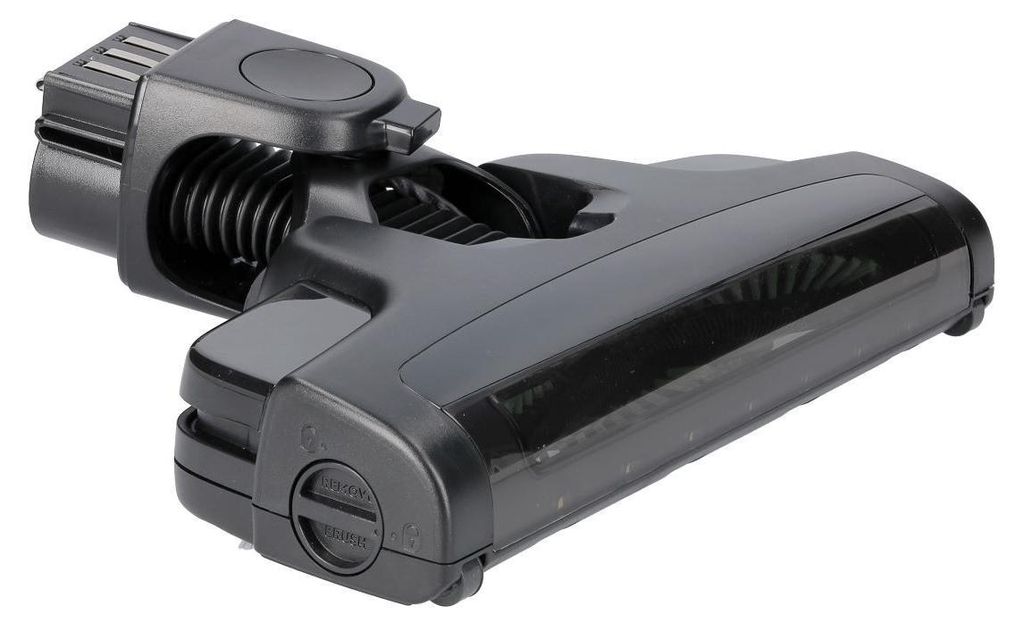 A black vacuum cleaner brush head is shown against a white background.