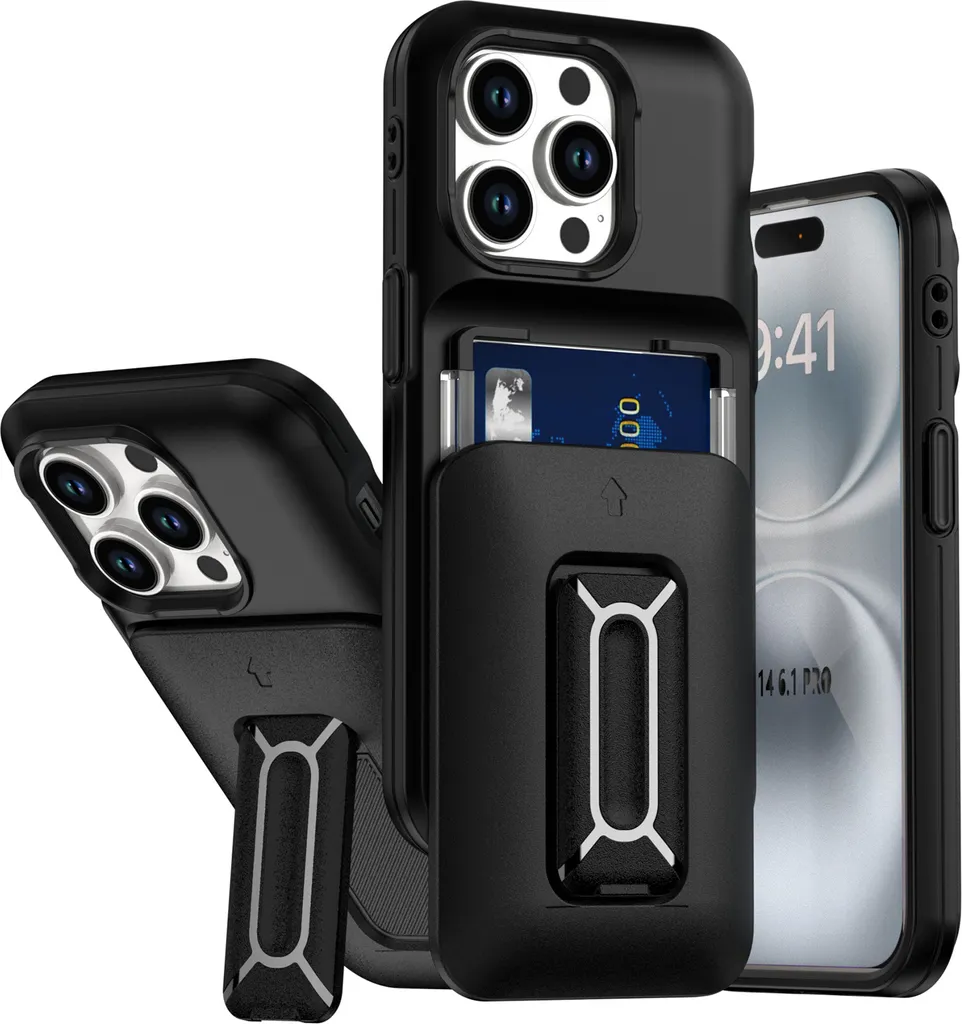 Custodia iPhone 13 Pro con Portacarte e Supporto - TPU Morbido Nero