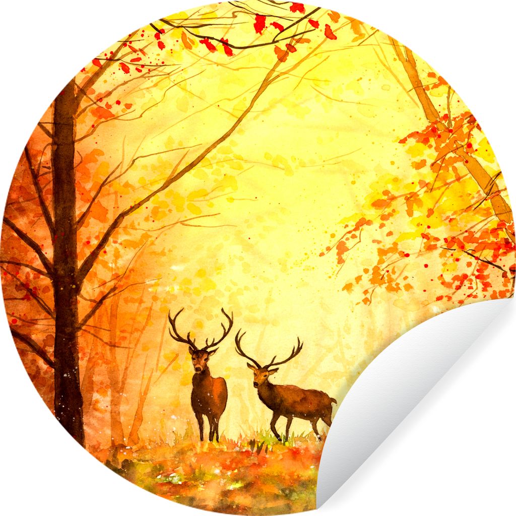 MuchoWow Runde Wandtattoo - Wandsticker Tapete Aufkleber Natur - Ölfarbe - Hirsche - Tiere - Herbst - Orange Ø 80 cm Selbstklebend und Repositi...