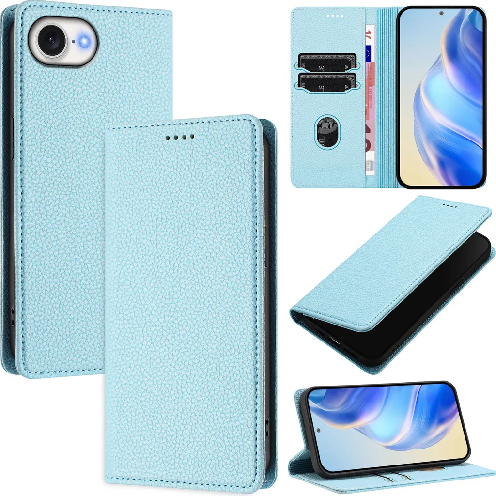 Custodia in pelle per iPhone 16e, pelle Litschi, custodia a portafoglio con slot per carte e supporto azzurro