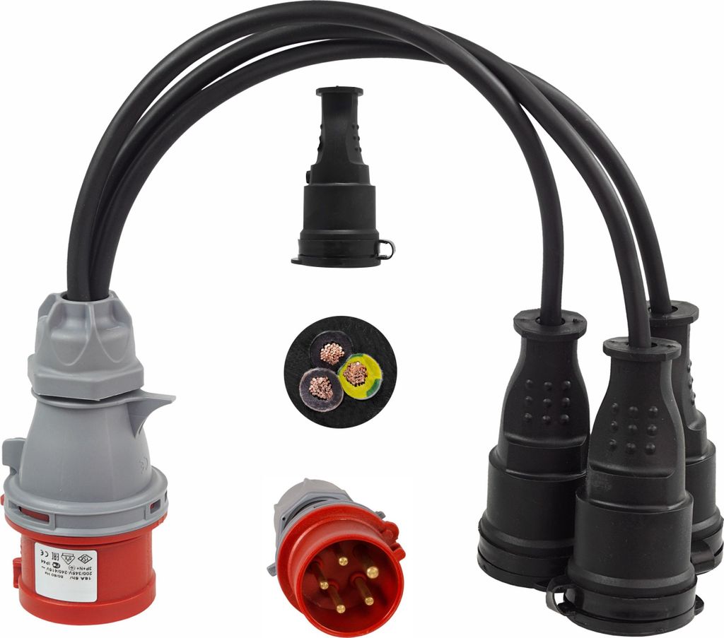 Adapter CEE-Stecker Starkstrom 16A 400V auf 3x 230V Schuko Produktbild 