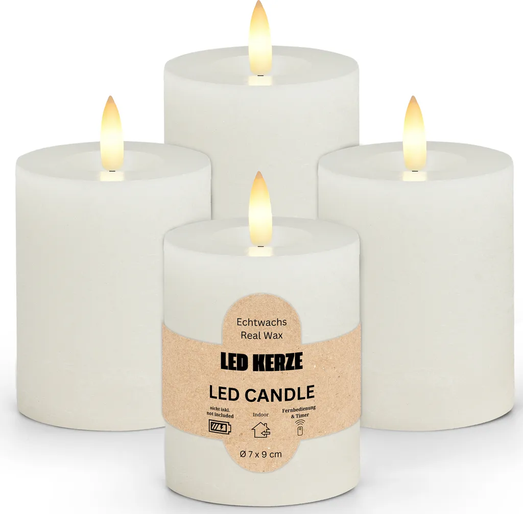 4 Candele LED Decorative Bianco Ø 7x9 cm - Atmosfera Fiamma Vera