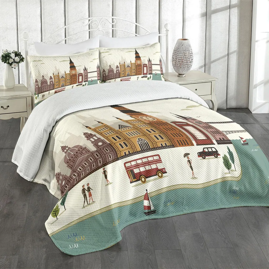 Set copriletto ABAKUHAUS London, affascinante paesaggio di viaggio - famosa città inglese Big Ben - cabina telefonica Westminster, 220 x 220 cm, multicolore