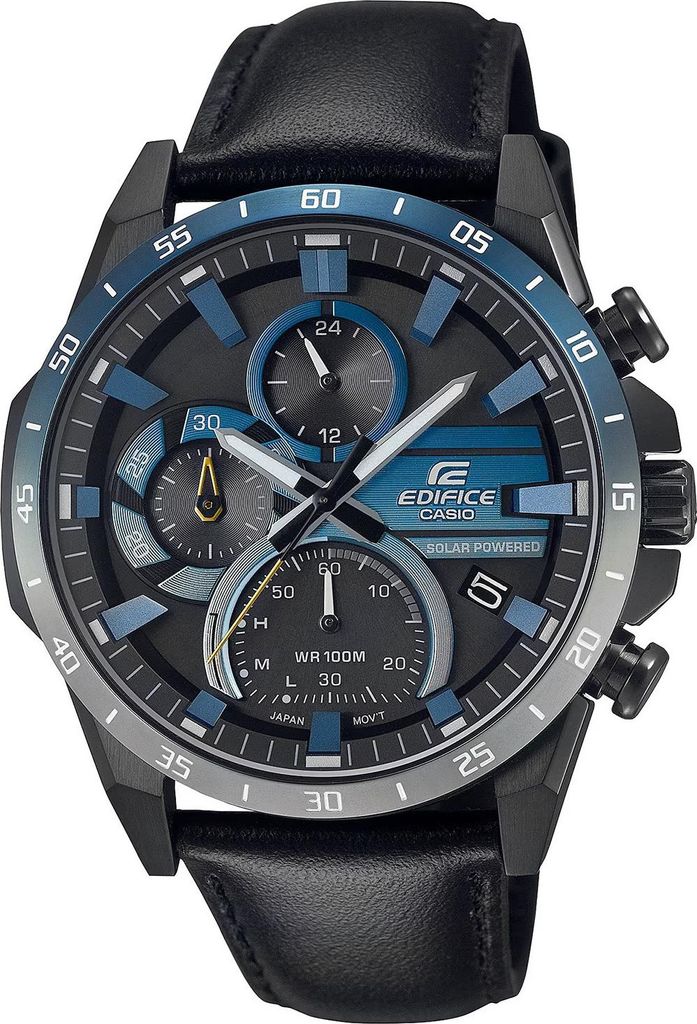 A close-up, front-facing studio shot of a black Casio Edifice solar-powered chronograph watch with blue accents.