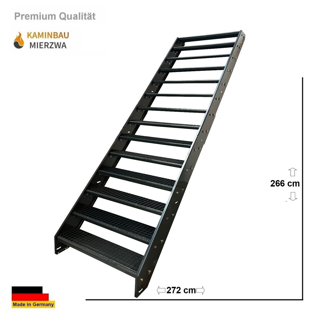 Stahl Wangentreppe Gitterroststufen 14 Stufen - Verzinkt & Anthrazit pulverlackiert - (B x H x T) 100 x 266x 272 cm