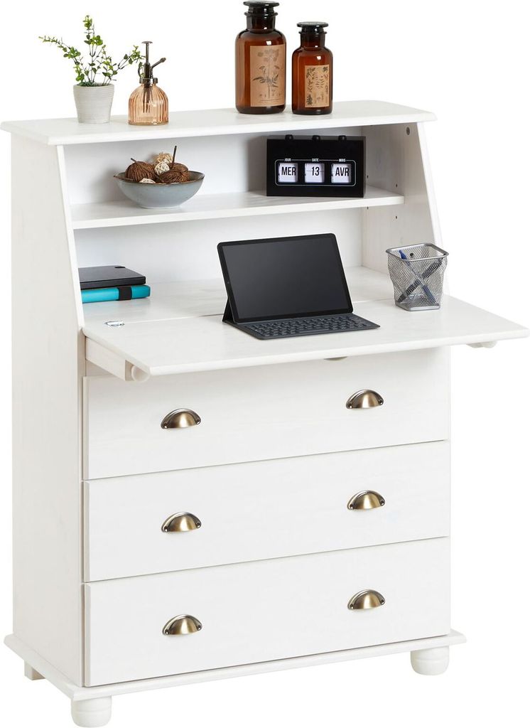 Sekretär GOMES aus massiver Kiefer weiß, schöner Bürotisch Produktbild 