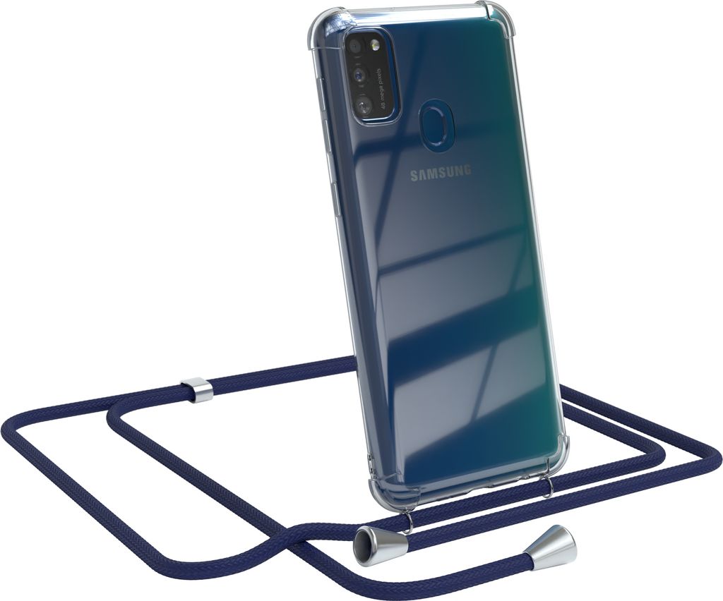 EAZY CASE Handykette kompatibel mit Samsung Galaxy M30s / M21, Handyhülle mit Umhängeband, Handykordel, Schutzhülle Clear, Band in Blau