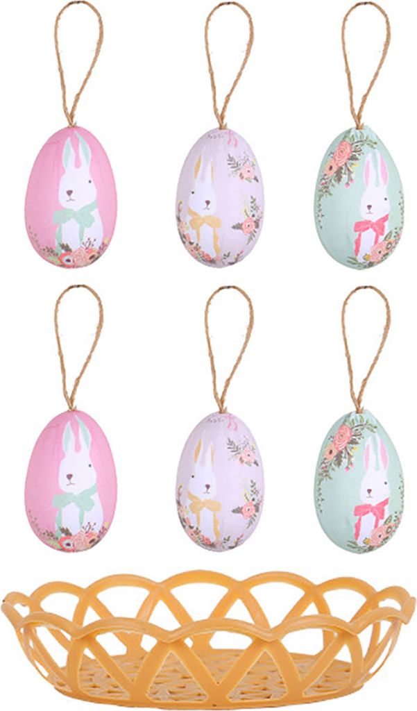 7 Teile/satz Bunte Hase Bemalt Kunststoff Ostereier mit Korb Hängen Anhänger DIY Osterei Handwerk Hause Ostern Party Liefert EIN