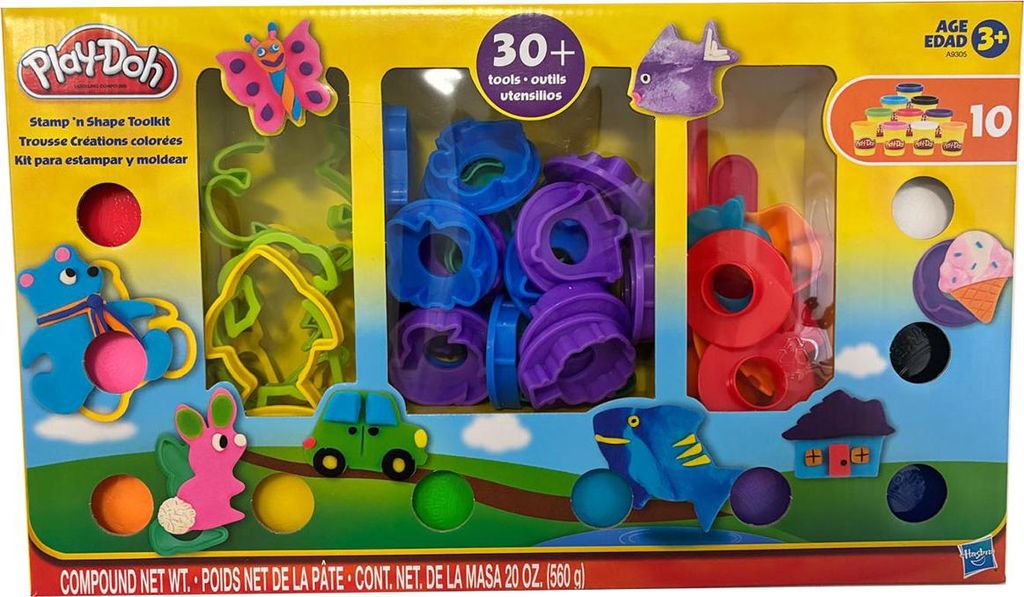 Play-Doh Stempel und Formwerkzeugset, 30 Werkzeuge + 10 Dosen Play-Doh Knete, Kreativset für Kinder ab 3 Jahren
