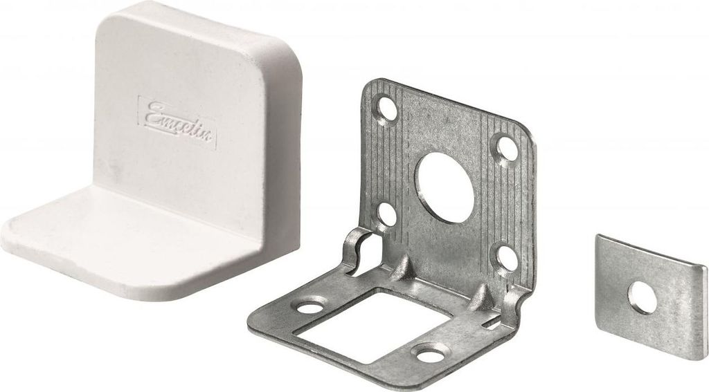 A white plastic corner bracket and two metal mounting brackets are displayed against a white background.