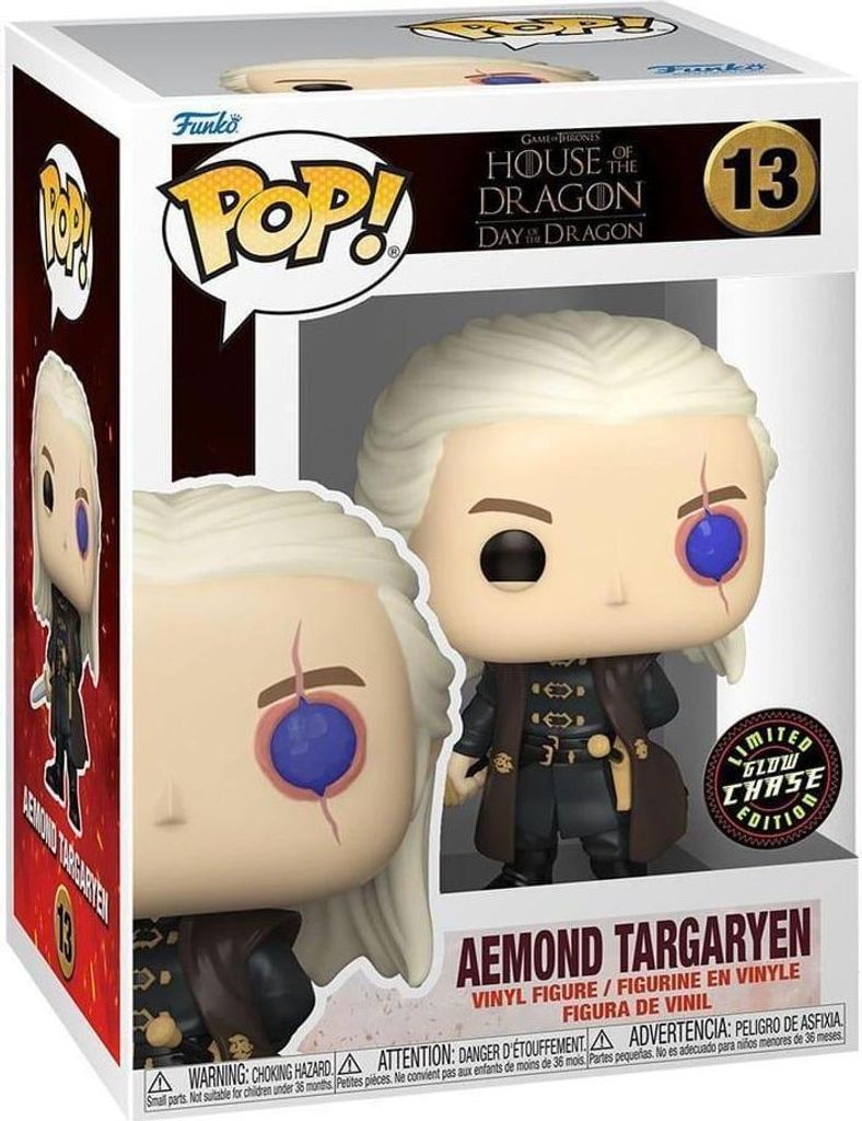 A Funko Pop! vinyl figure of Aemond Targaryen from House of the Dragon, displayed in its original packaging.