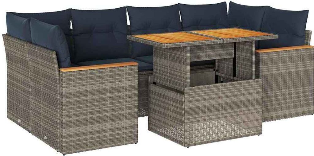 7-tlg. Garten-Sofagarnitur mit Kissen Grau Poly Rattan