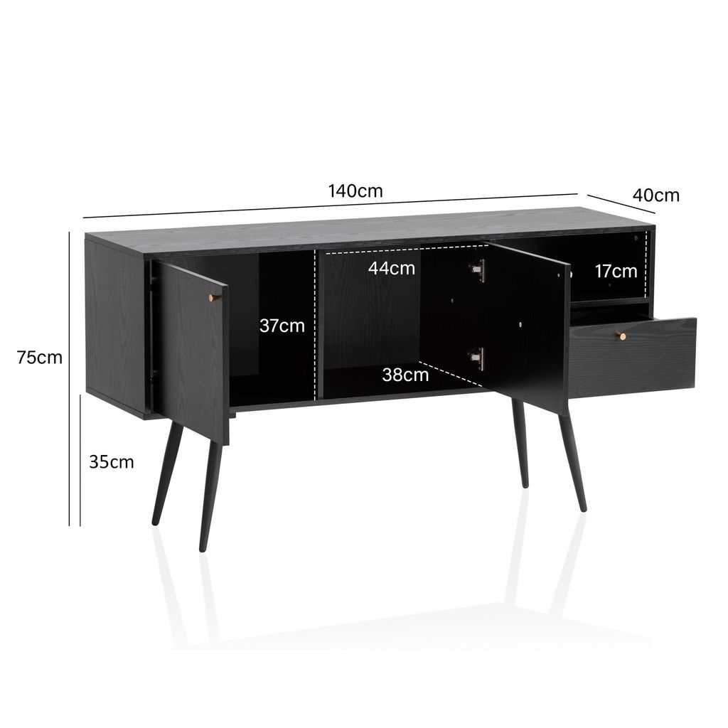 A black sideboard with oak-effect details, shown with dimensions indicated by text overlays.