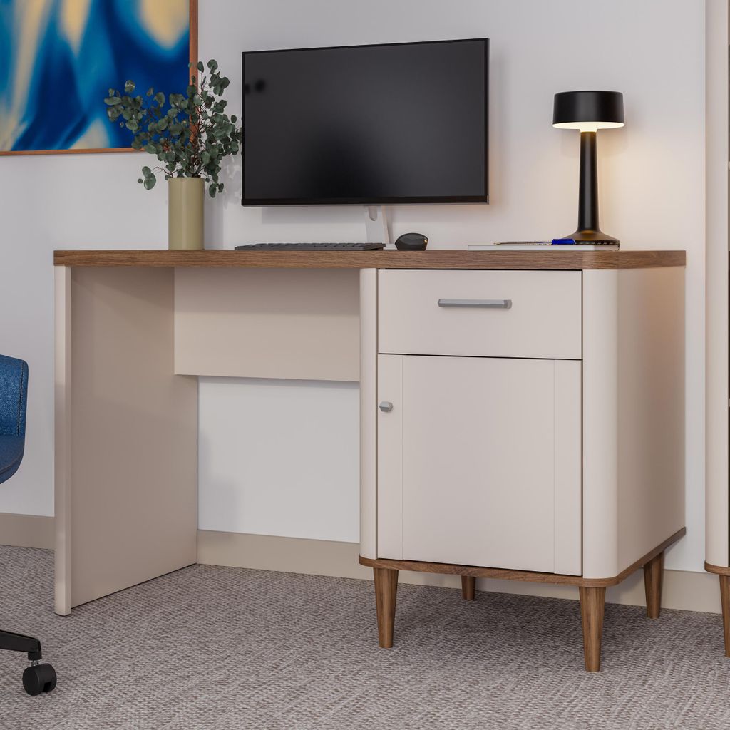 Forte LACETTI Schreibtisch 120, eleganter Schreibtisch mit hohen Möbelbeinen, Büro, Jugendzimmer, Holzwerkstoff, Kaschmir|Beige|Valencia Eiche Ho...