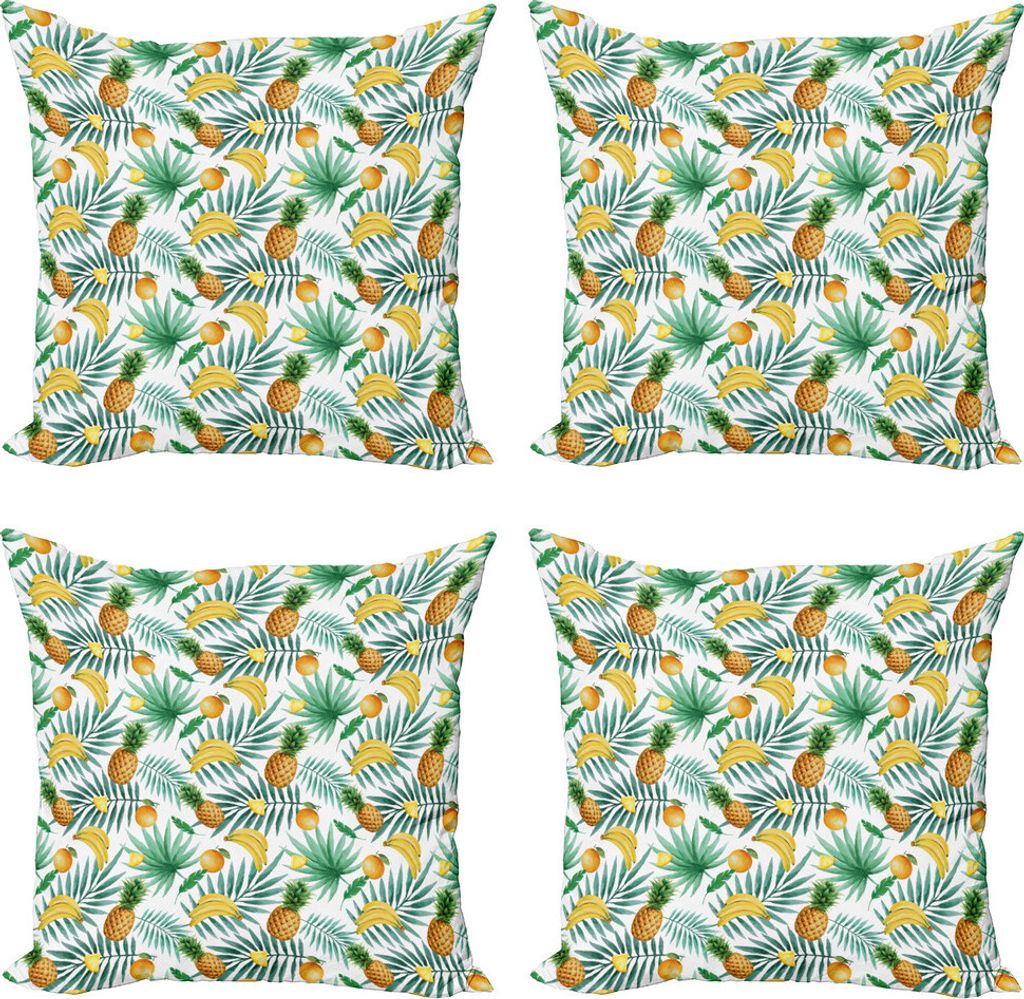 ABAKUHAUS Aquarell Kissenbezug Set (4 Stück), Exotische Früchte Blätter, Moderner Doppelseitiger Digitaldruck, 50 cm x 50 cm, Grün, Gelb, Hellb...