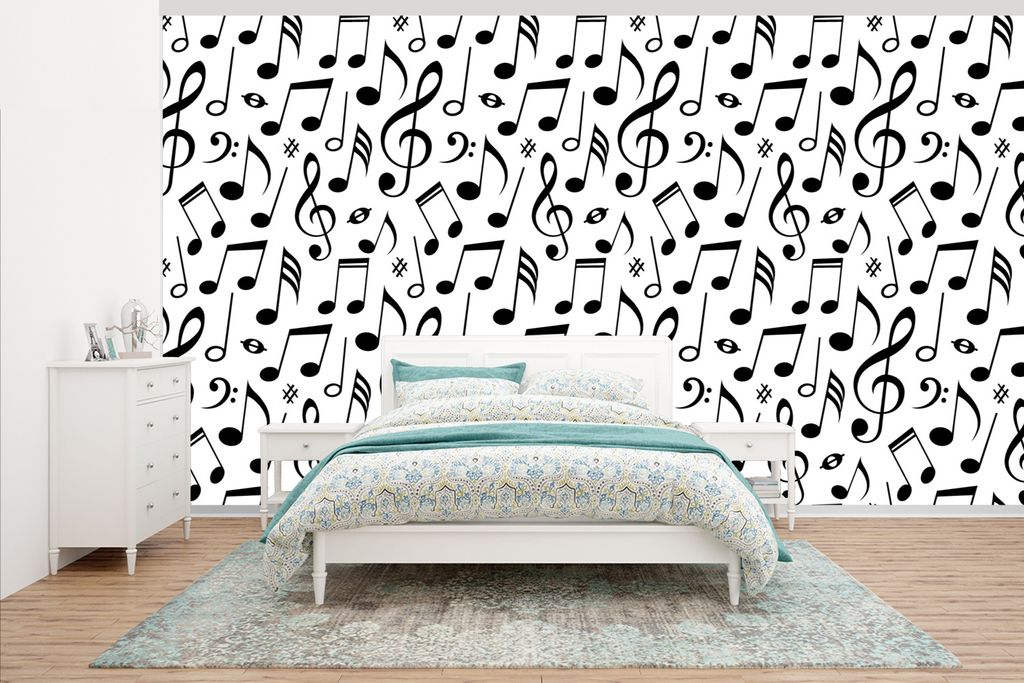 MuchoWow Fototapete für Wohnzimmer oder Schlafzimmer Wandtapete Vinyl Motivtapete Musik - Muster - Schwarz und Weiß - 465x260 cm - Hintergrundbild