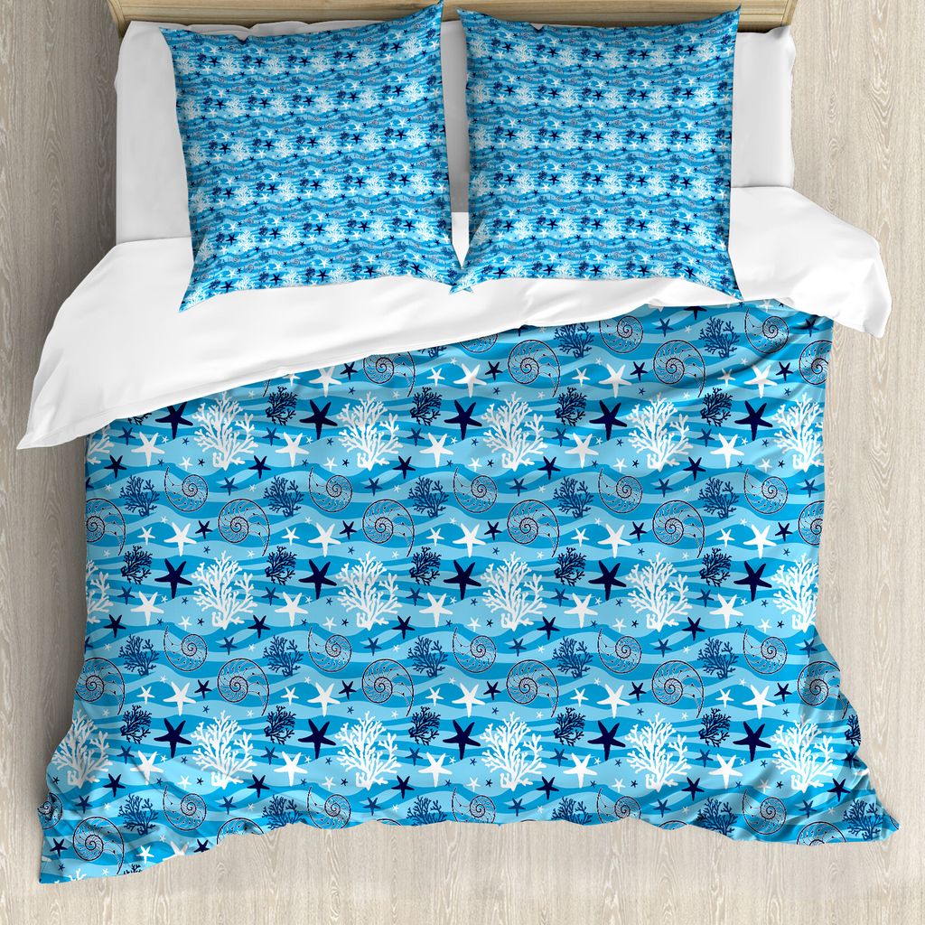 ABAKUHAUS Sea Shells Bettbezug, Seesterne und Jakobsmuschel, Milbensicher Allergiker geeignet mit Kissenbezügen, 200 cm x 200 cm - 80 x 80 cm, Bla...