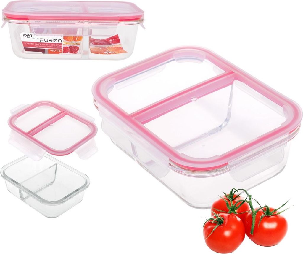 Lunchbox aus Glas, hitzebeständig, rechteckig, zweiteilig, zwei Fächer mit Deckel, FUSION Artikel 81456, luftdicht, 950 ml, für Lebensmittel, fe...