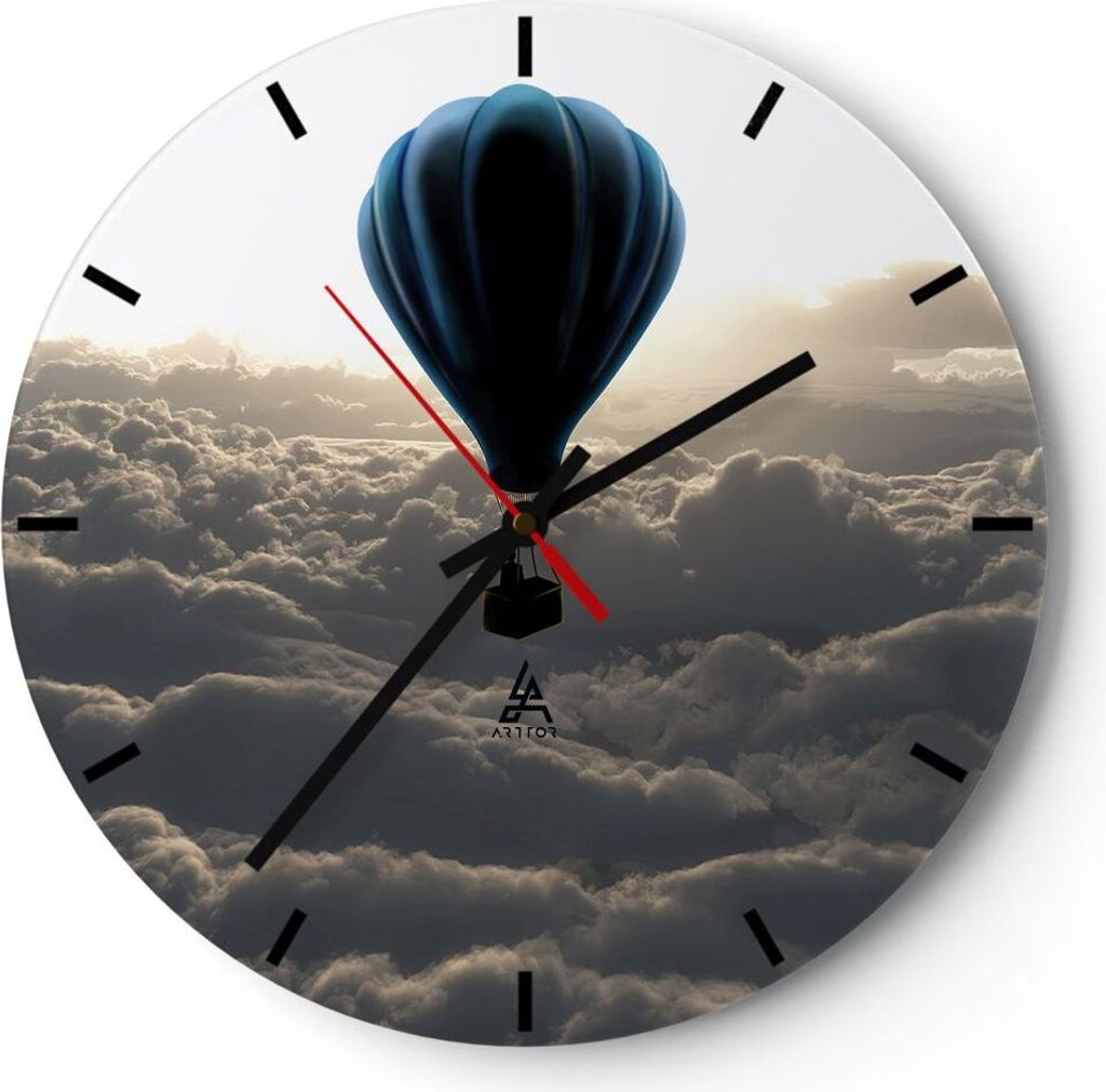 Wanduhr - Rund - Glasuhr - Wolke Ballon Himmel - 30x30cm - Schleichendes Uhrwerk - Lautlos - zum Aufhängen bereit - Dekoration Modern - Wanddekora...